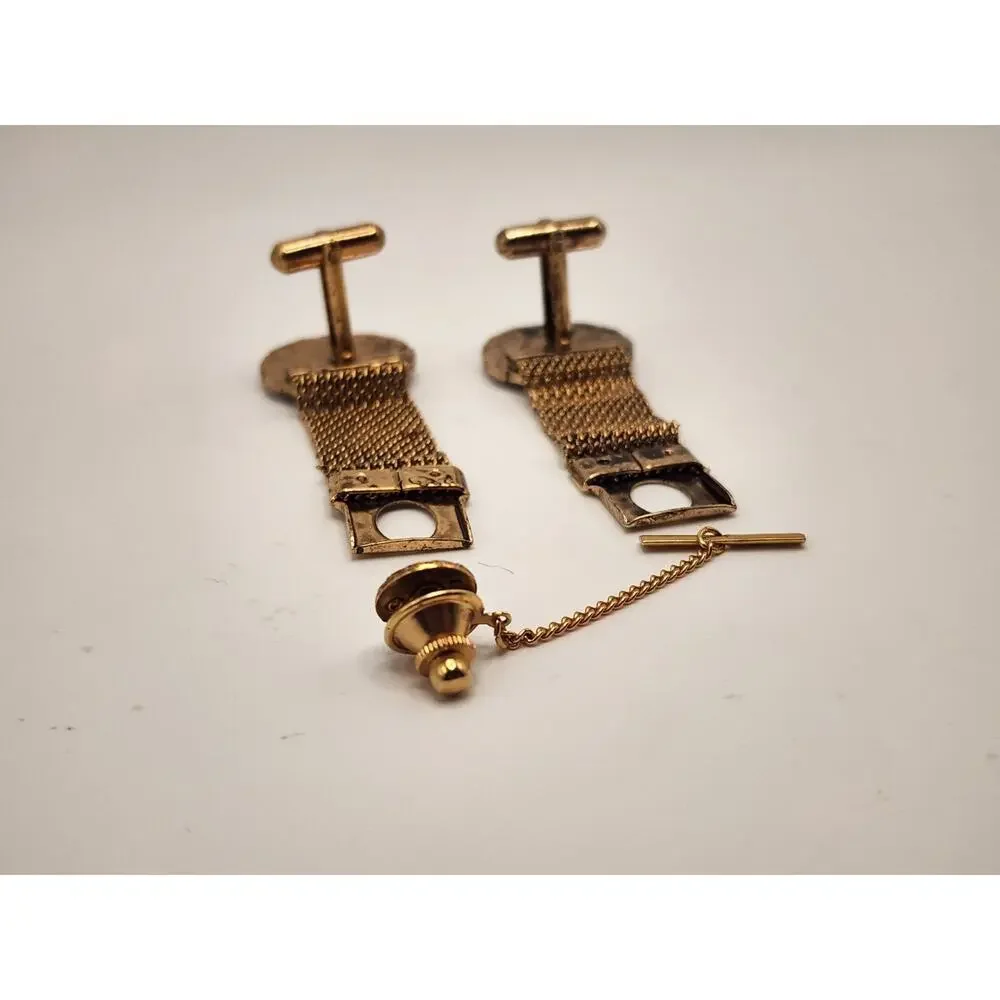Vintage Swank Zodiac Horoscope Gold Tone Mesh Cufflinks & Tie / Lapel Pin
